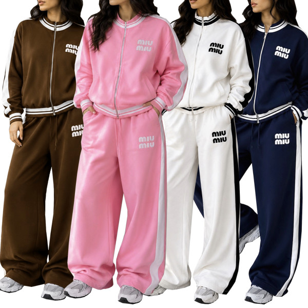 Color blocked stand up collar zipper jacket, drawstring wide leg pants, sport two-piece set