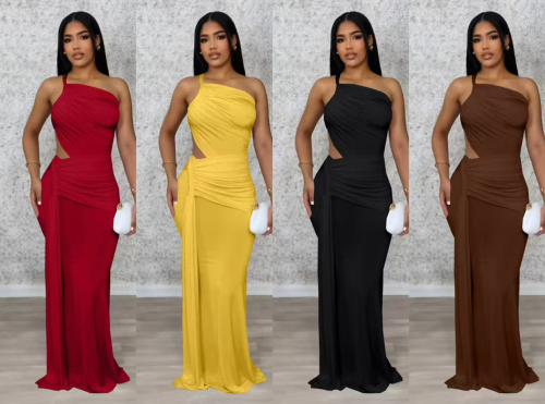 Hanging neck and waist solid color hollow out dress
