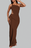 Hanging neck and waist solid color hollow out dress
