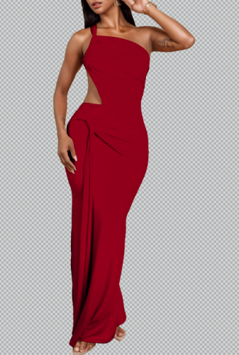 Hanging neck and waist solid color hollow out dress