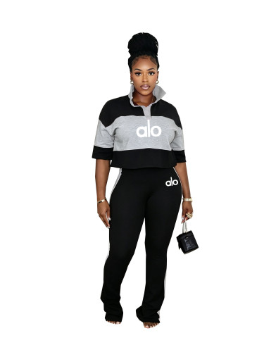 Autumn fashion lapel solid color patchwork five quarter sleeve top, high waisted pants casual set