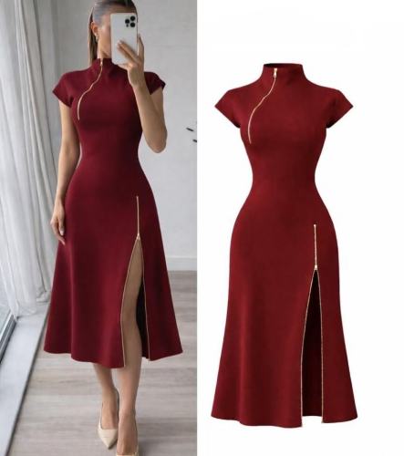 Fashionable slim fit waist cinching zipper slit dress