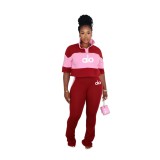Autumn fashion lapel solid color patchwork five quarter sleeve top, high waisted pants casual set