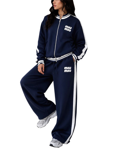 Color blocked stand up collar zipper jacket, drawstring wide leg pants, sport two-piece set