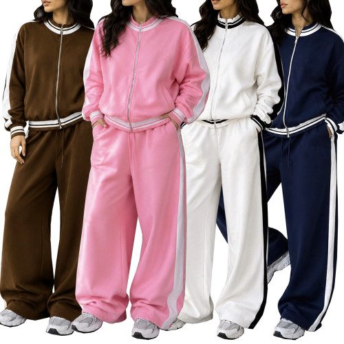 Color blocked stand up collar zipper jacket, drawstring wide leg pants, sport two-piece set