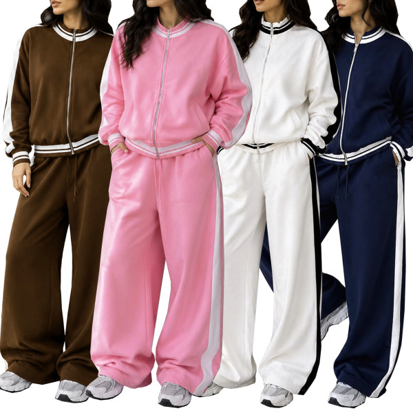 Color blocked stand up collar zipper jacket, drawstring wide leg pants, sport two-piece set