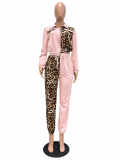 Leopard print splicing color blocking set with color blocking design for casual and fashionable women's clothing