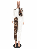 Leopard print splicing color blocking set with color blocking design for casual and fashionable women's clothing