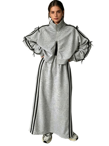 Autumn and winter stand up collar striped cardigan sweatshirt, slimming and high waisted half length long skirt set