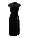 Fashionable slim fit waist cinching zipper slit dress