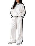 Color blocked stand up collar zipper jacket, drawstring wide leg pants, sport two-piece set
