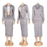 Hooded sweatshirt and skirt set with zipper cardigan + drawstring skirt two-piece set