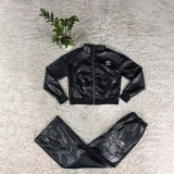 Autumn and winter PU leather embroidered casual suit stand collar zipper short jacket high waist wide leg two-piece set