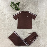 Casual Short Sleeve Splicing Set Embroidered Round Neck T-shirt High Waist Wide Leg Pants Sports Two Piece Set