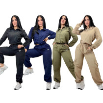Casual sports workwear set with collar zipper jacket and multi pocket workwear leg pants two-piece set