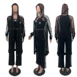 Autumn and Winter New Loose Tank Top Pants Mesh Hoodie Embroidered 3-Piece Set