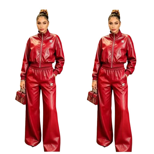 Autumn and winter PU leather embroidered casual suit stand collar zipper short jacket high waist wide leg two-piece set