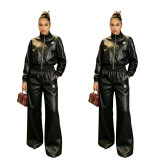 Autumn and winter PU leather embroidered casual suit stand collar zipper short jacket high waist wide leg two-piece set