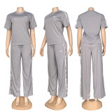 Casual Short Sleeve Splicing Set Embroidered Round Neck T-shirt High Waist Wide Leg Pants Sports Two Piece Set