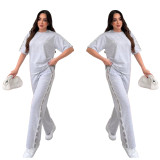 Casual Short Sleeve Splicing Set Embroidered Round Neck T-shirt High Waist Wide Leg Pants Sports Two Piece Set
