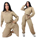 Casual sports workwear set with collar zipper jacket and multi pocket workwear leg pants two-piece set