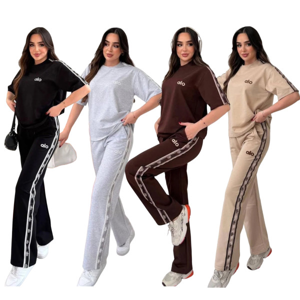 Casual Short Sleeve Splicing Set Embroidered Round Neck T-shirt High Waist Wide Leg Pants Sports Two Piece Set