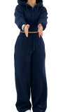 Autumn and winter zipper pocket drawstring pleated hooded chicken eye strap wide leg pants sports set
