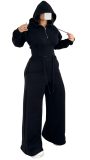Autumn and winter zipper pocket drawstring pleated hooded chicken eye strap wide leg pants sports set