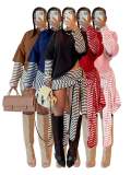 European and American fashion women's fake two-piece spliced long sleeved top with stripes, ribbons, straps, shorts two-piece set