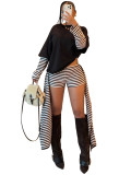 European and American fashion women's fake two-piece spliced long sleeved top with stripes, ribbons, straps, shorts two-piece set