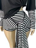 European and American fashion women's fake two-piece spliced long sleeved top with stripes, ribbons, straps, shorts two-piece set