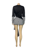 European and American fashion women's fake two-piece spliced long sleeved top with stripes, ribbons, straps, shorts two-piece set