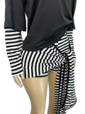 European and American fashion women's fake two-piece spliced long sleeved top with stripes, ribbons, straps, shorts two-piece set
