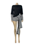 European and American fashion women's fake two-piece spliced long sleeved top with stripes, ribbons, straps, shorts two-piece set