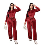 Autumn/Winter Velvet Two Piece Stand up Collar Zipper Coat, High Waist Wide Leg Pants, Casual Sports Set