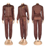 Casual ribbed closure sports suit stand up collar zipper jacket leg binding pants loose two-piece set