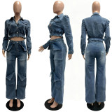 Fashionable and sexy micro elastic multi pocket washed denim casual suit