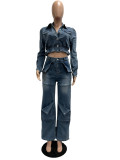 Fashionable and sexy micro elastic multi pocket washed denim casual suit