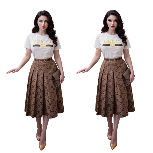 Temperament set skirt round neck embroidered short sleeved T-shirt+high waist pleated mid length skirt