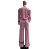 Color blocked patchwork Polo lapel long sleeved striped micro flared pants two-piece set for women