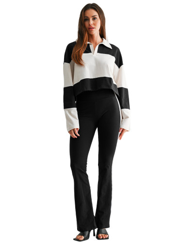 Color blocked patchwork Polo lapel long sleeved striped micro flared pants two-piece set for women