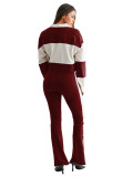 Color blocked patchwork Polo lapel long sleeved striped micro flared pants two-piece set for women