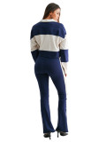 Color blocked patchwork Polo lapel long sleeved striped micro flared pants two-piece set for women