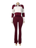 Color blocked patchwork Polo lapel long sleeved striped micro flared pants two-piece set for women
