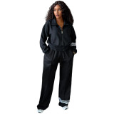 Color blocked patchwork Polo lapel long sleeved striped micro flared pants two-piece set for women