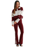 Color blocked patchwork Polo lapel long sleeved striped micro flared pants two-piece set for women