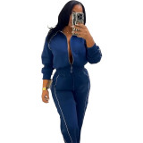 Fashion women's two-piece set with contrasting color lines, wide leg straight leg pants