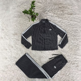 Black striped stand up collar zipper casual two-piece loose wide leg pants slimming sports suit