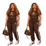 Loose casual sports suit embroidered round neck short sleeved ankle pants two-piece set