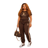 Loose casual sports suit embroidered round neck short sleeved ankle pants two-piece set